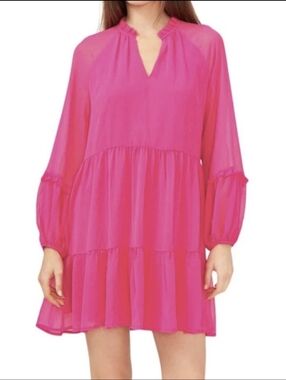 NWT Vince Camuto Tiered Ruffle Chiffon Dress Pink Arresting Orchid size Medium
